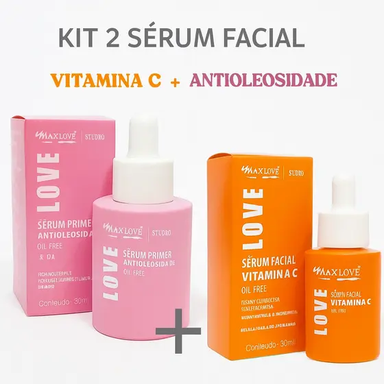 Kit C/2 Sérum Facial Vitamina C + Antioleosidade MAX LOVE 30ml