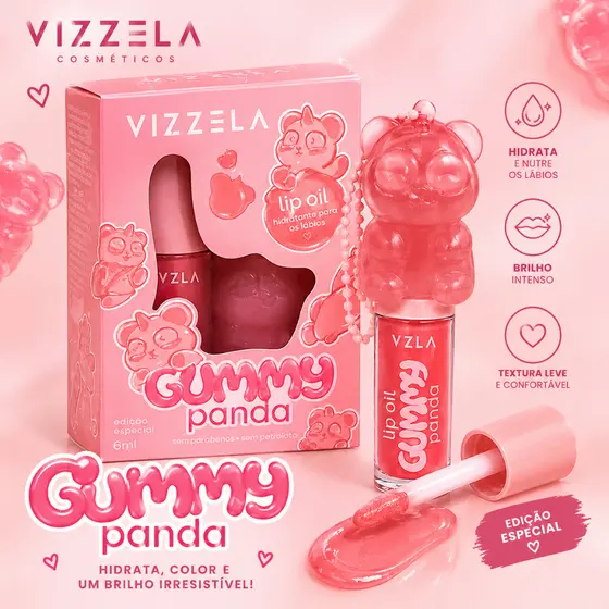 Lip Oil Gummy Panda VIZZELA Gloss Hidratante Labial Vegano Brilho Labial Gloss Maquiagem Vizzela