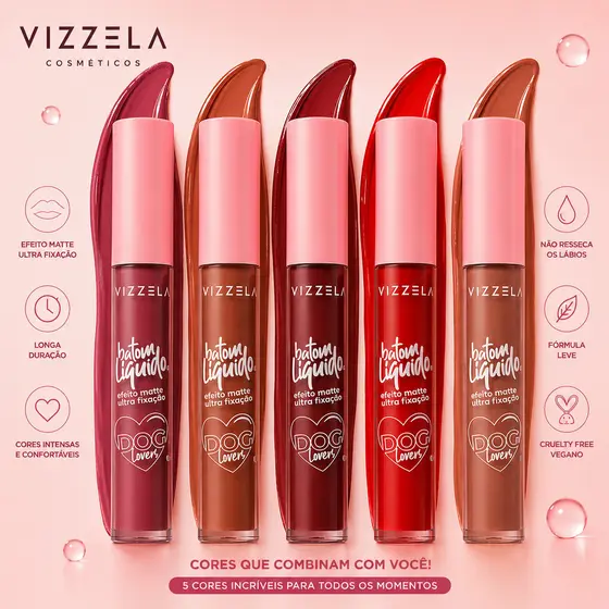 Batom Líquido Matte Vizzela DOG LOVERS 3,5g Batom 24 Horas de Duração Batom Matte Batom Vizzela