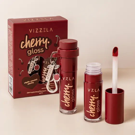 Gloss Labial Lip Cherry Gloss VIZZELA 6ml - Com Chaveiro Cherry
