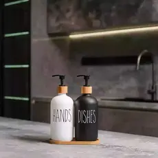 Kit Para banheiros Com Dispenser de 300 Ml Para Sabonete Liquido com Copo e Bandeja de Bamboo