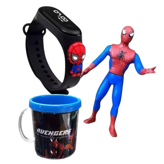 Kit 3, Boneco Homem Aranha + Relógio Digital + Caneca Personalizada