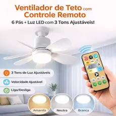 Ventilador de Teto LED com Controle Remoto 6 Pás | 3 Tons de Luz | Velocidades Ajustáveis | Silencioso