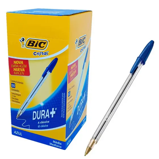Caixa Caneta Esferográfica Bic Cristal Clássica Média 1.0 mm Cor Azul Caixa 50 Unidades