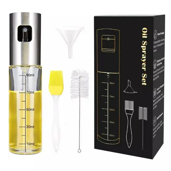 Kit Porta Azeite Spray Vidro Inox + Funil Pincel e Escova