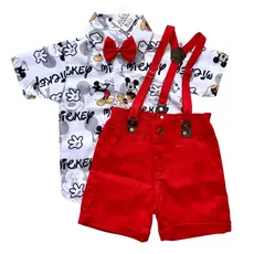 Roupa MICKEY BRANCO festa infantil menino conjunto Camisa Gravata Bermuda e Suspensório