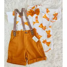 Roupa REI LEÃO festa menino infantil conjunto Camisa Gravata Bermuda e Suspensório