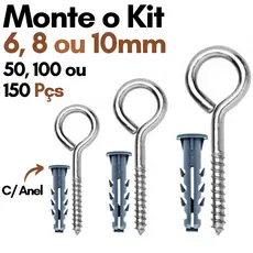 Kit Pitão e Bucha com Anel 6 8 10 Kit 50 100 200 Gancho Fechado Kit Pitao Zincado com Bucha Fixação