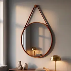 Espelho Redondo Adnet Moderno Lavabo Quarto Sala Banheiro Alça Em Couro 60cm C/ Pino Suporte