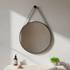 Espelho Redondo do Pinterest Moderno para Banehiro Sala Moldura Couro Ecológico - Mod. Adnet 30cm