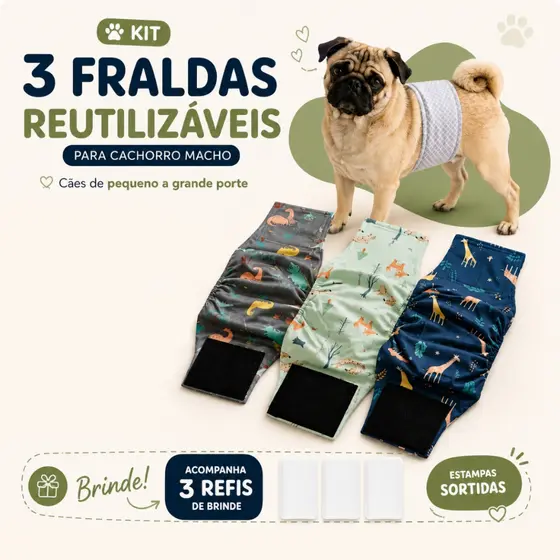 Kit 3 Fraldas Laváveis Para Cachorro Macho Cão Reutilizável Anti Xixi Pet Top