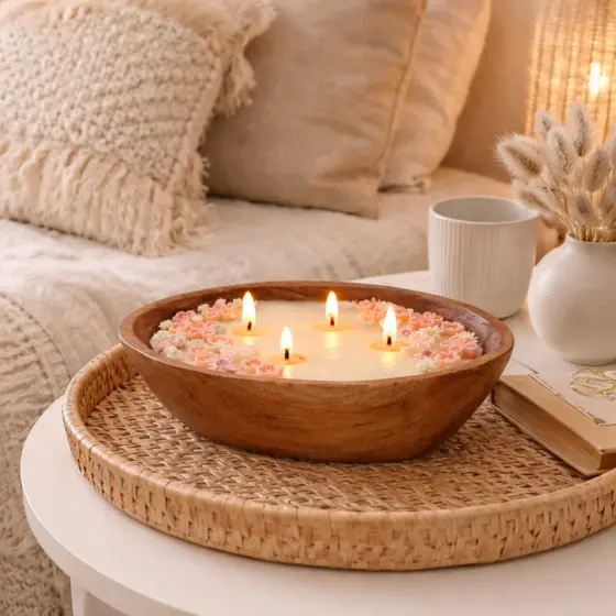 Vela Perfumada Aromática em Gamela Madeira Artesanal Decoração Boho Rústica Grande Flores 3D