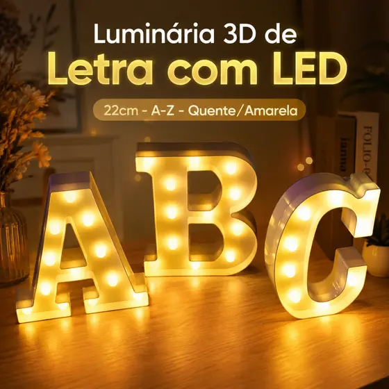 Luminária De Letra Grande Com Led 22CM 3D Decorativa Luminosa Festa A-Z Luz Quente Amarela