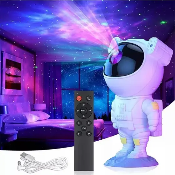 Projetor Astronauta Galáxia LED Nebulosa Estrelas 360° Controle Remoto USB Luminária Noturna
