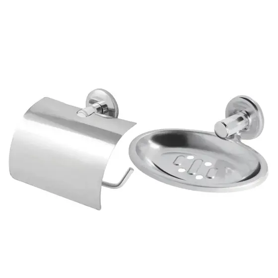 Kit Papeleira / Porta Papel Com Tampa Inox + Saboneteira / Porta Sabonete Inox