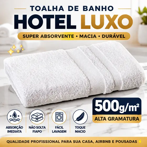 Toalha de Banho Luxo Branca Hotel 500g/m² Puro Algodão Macia Aveludada Spa AirBnb Alta Gramatura