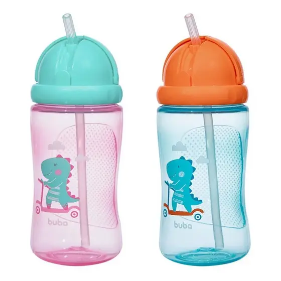 Garrafinha Infantil Com Canudo 400ml Dino Patinete Azul ou Rosa Buba