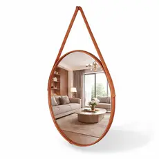 Espelho Adnet com Alça e Suporte Couro Costurado Redondo 60cm 50cm 40cm 30cm Sala Banheiro Quarto