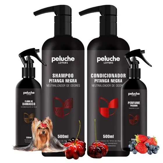 Kit Shampoo Condicionador Pet Pitanga Negra Perfume Passion Peluche Para Cães e Gatos