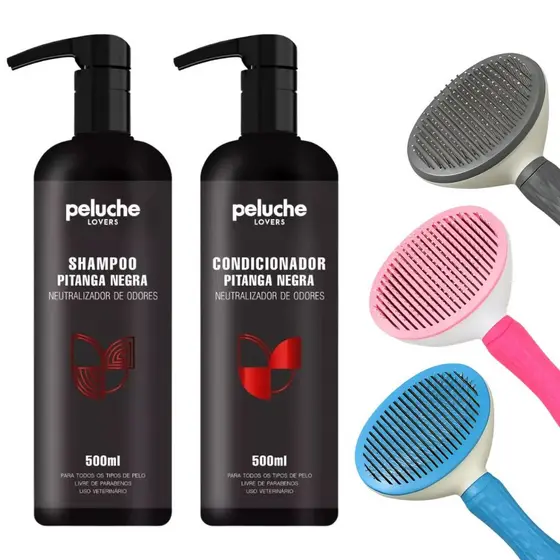 Kit Shampoo Condicionador Pitanga Negra Peluche 500ml Remove Odores + Rasqueadeira Pet