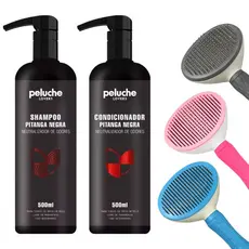 Kit Shampoo Condicionador Pitanga Negra Peluche 500ml Remove Odores + Rasqueadeira Pet