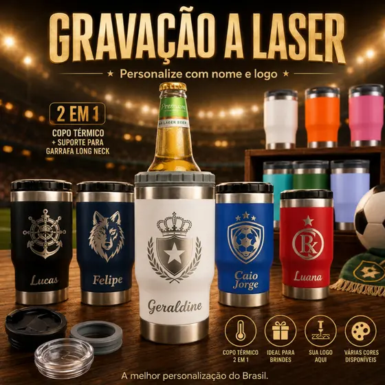 Copo Térmico 420ML Porta Long Neck  Personalizado com seu nome A LASER Aço Inox COM PAREDE DUPLA