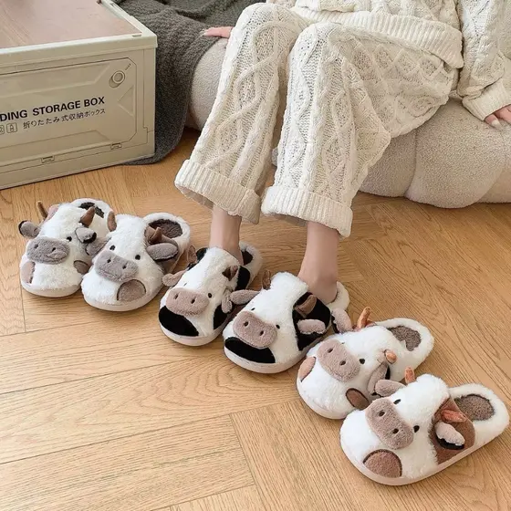 Pantufa Chinelos Vaca de Pelucia Moda De Inverno Menina Sola Quente E Grossa Casal Homens Mulheres