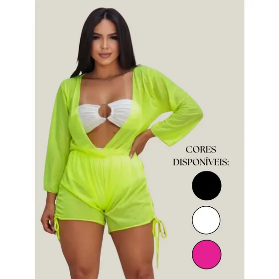 Saída de Praia  Macaquinho Tule Transparente com Elástico Drapeado Manga Longa/Moda Gringa Verão