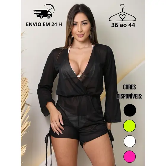 Saída de Praia  Macaquinho Tule Transparente com Elástico Drapeado Franzido/ Manga Longa/Moda Gringa Verão