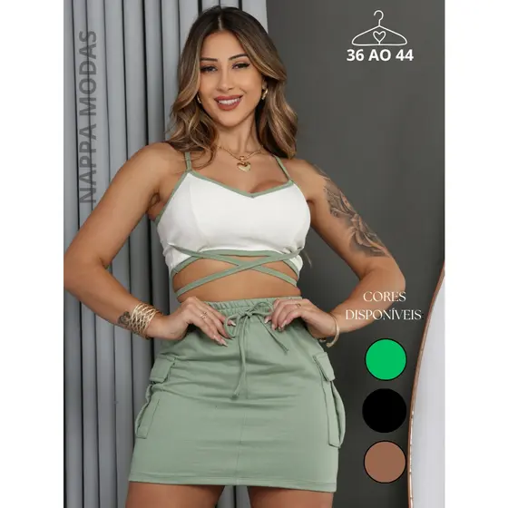 Conjunto Feminino Saia Cargo Moletinho com Blusinha de Ribana Duplo Tecido com Tiras Moda Gringa Verão