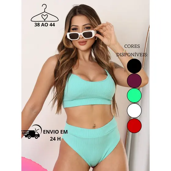 Bikini Cintura Alta Feminina Calcinha Hot Pants Forro Anarruga Top com Bojo Conjunto Moda Praia Verão Tendencia 2026