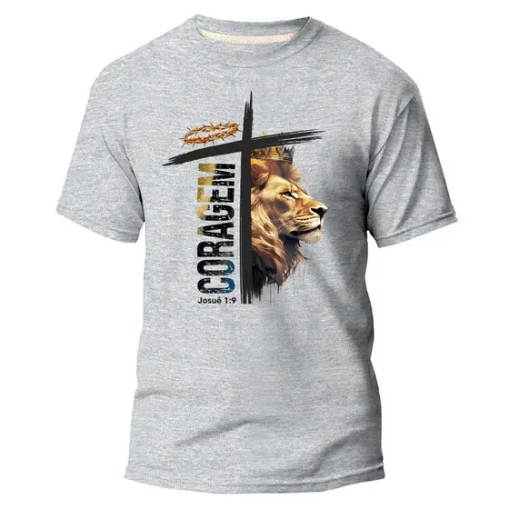 Camiseta Básica 100% Algodão Cristão Estampa Religiosa Coroa e Leão Envio Imediato