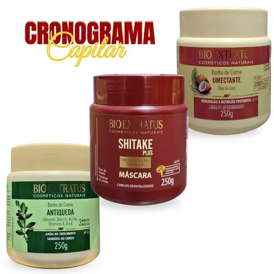 Kit Cronograma Capilar BioExtratus 250G Cada Máscara Shitake, Banho Creme Umectante, Antiqueda H,N,R