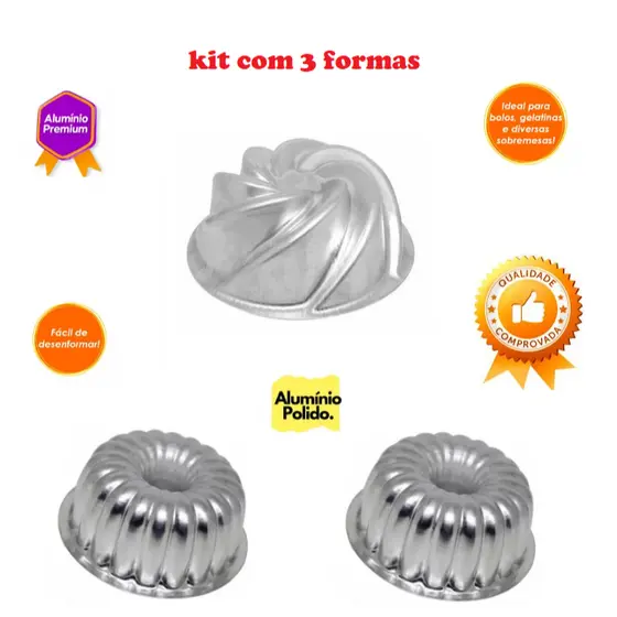 Kit 3 Forma Bolo Decorado Pudim Torta Manjar Vulcão Espiral Gomada Suíça Assadeira Bolo Suíço