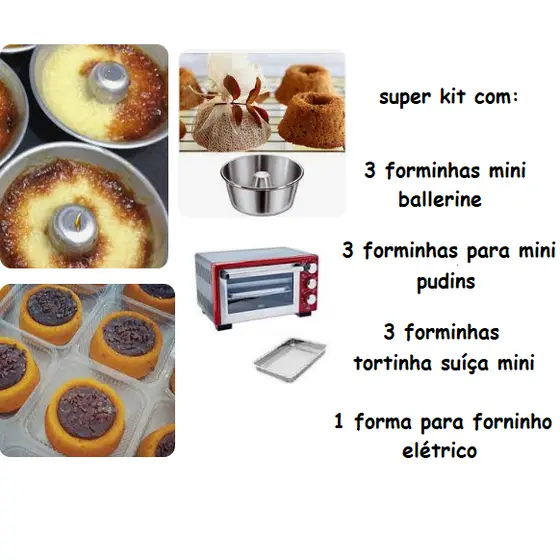 Kit Com 9 (nove) Mini Forminhas Torta Suíça, Pudim, Ballerine, Vulcão, e 1 (uma) Assadeira para Forno Elétrico Em Alumínio Polido Premium IF49