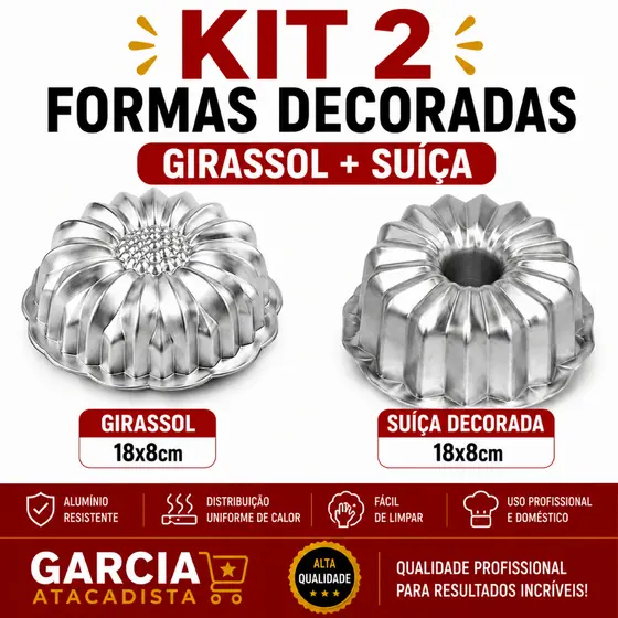 KIT COM 2 FORMAS DE BOLO DECORADO SUIÇA E GIRASSOL EM ALUMINIO PROFISSIONAL PARA ALTA CONFEITARIA BOLOS GOURMET