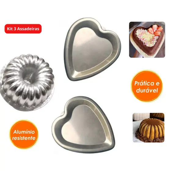 Kit 3 Forma Bolo Decorado Assadeira de Novela Coração Ballerine Gomada Suíça