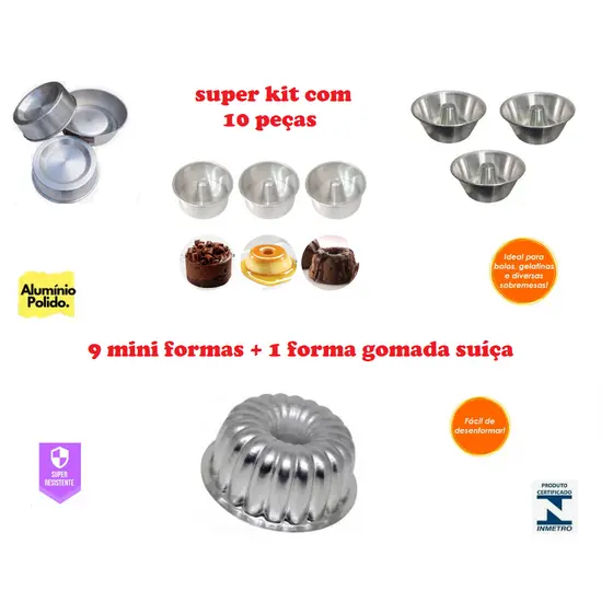 Kit 9 Mini Formas + 1 Forma Bolo Decorado Gelatina Pudim Manjar Torta Suíça Gomada Bolo Suíço