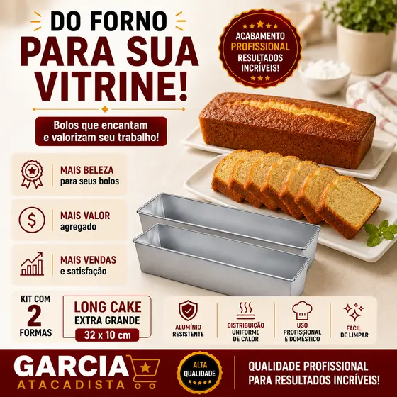 KIT COM 2 FORMAS BOLO DE FATIA LONG CAKE EXTRA GRANDE 32X10CM EM ALUMINIO PROFISSIONAL
