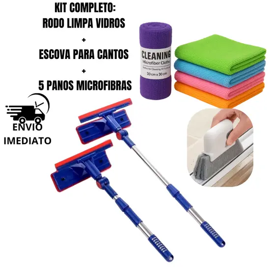 KIT COM RODO MÁGICO 2 EM 1 LIMPA VIDROS E JANELAS KIT COM ESPONJA DE CANTO E KIT COM 5 PANOS MICROFIBRAS CASO EXTENSÍVEL