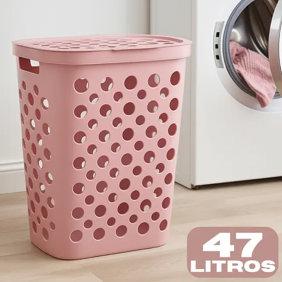 Cesto Telado 47 Litros com Tampa e Alça Cesto de Roupa Suja Banheiro Lavanderia