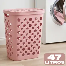 Cesto Telado 47 Litros com Tampa e Alça Cesto de Roupa Suja Banheiro Lavanderia