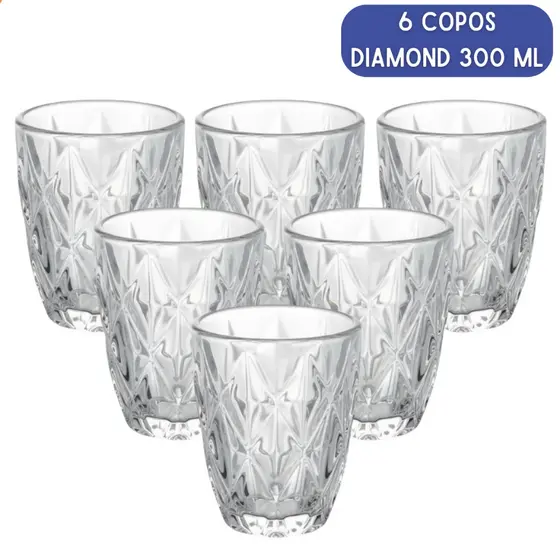 Kit 6 Copos de Vidro Diamond 300ml Resistente Grosso Transparente Elegante Moderno Jogo de Copos