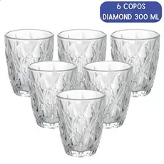 Kit 6 Copos de Vidro Diamond 300ml Resistente Grosso Transparente Elegante Moderno Jogo de Copos