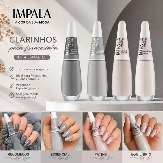 Kit de Esmaltes Impala 4 Cores Tons Cinza e Nude Atacado Coleção a Cor da Sua Moda