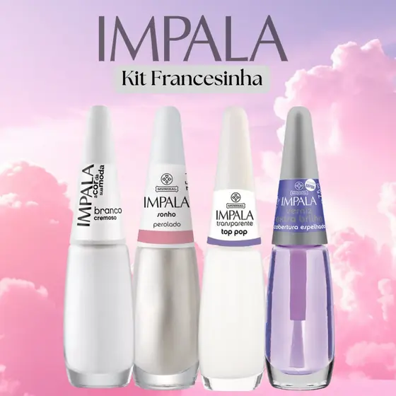 Kit 4 Esmaltes Francesinha Impala Atacado Branco Verniz Extra Brilho Perolado e Transparente
