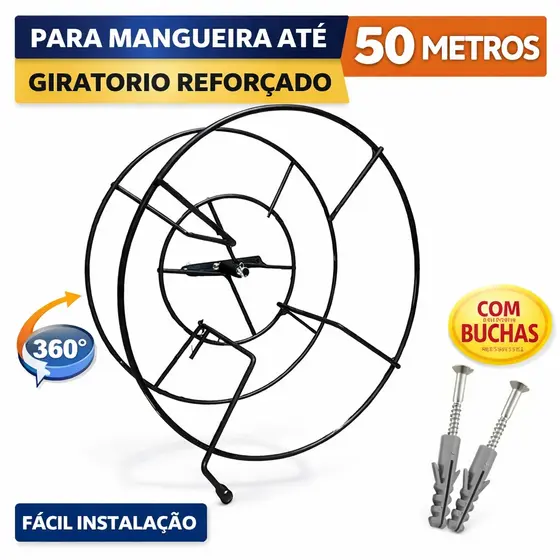 Suporte Enrolador de Mangueira 50m Giratório Reforçado Preto + Buchas e Parafusos