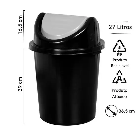 Lixeira Cesto De Lixo Grande Basculante Preto -53 - 27 Litros Plasnew