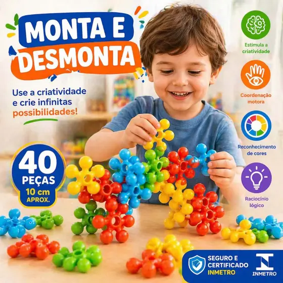 Brinquedo Educativo Didático Monta e Desmonta Infantil Menina Menino 40 Peças
