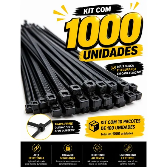 Kit 1000 Abraçadeiras Nylon 4,8x250mm Enforca Gato Lacre Plástico Hellerman Organizador Cabos Resistente